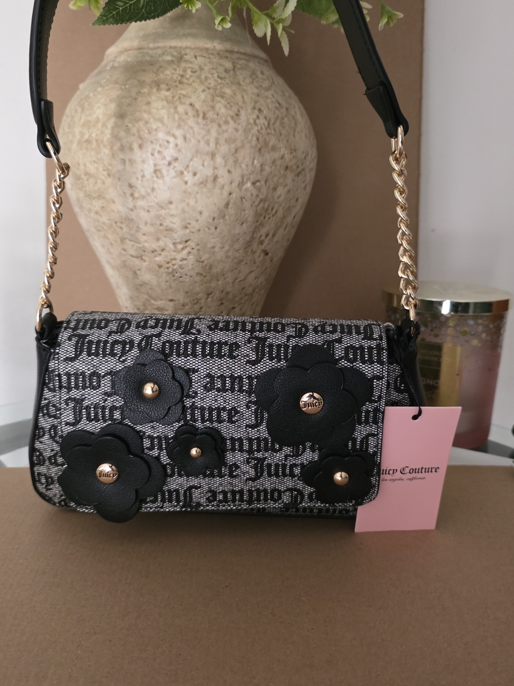 Juicy Couture Black Logo Floral Applique Shoulder Bag